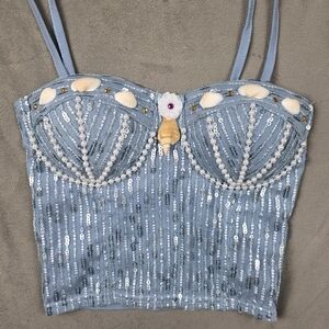 Mermaid Top Mermaid Bra Blue Sequin Embellished Bustier Seashells Rhinestone